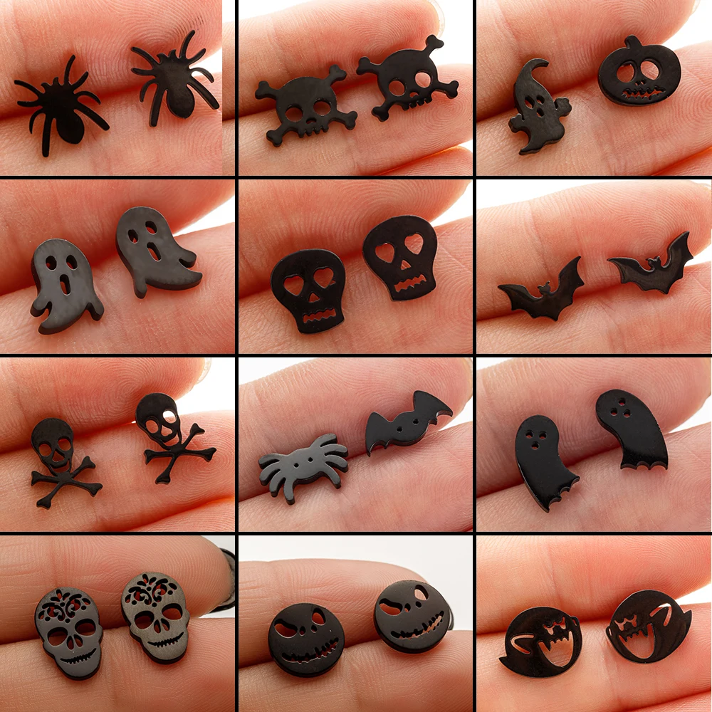 Dunkelschwarzer Monster Geist Horror Halloween Ohrstecker für Frauen Tier Spinne Schädel Edelstahl Ohrringe Zubehör