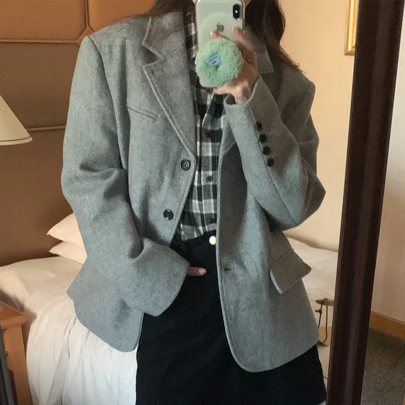 

Women Autumn Winter Woolen Coat Korean Retro Temperament Lapel Single Breasted Pocket Jacket Long-Sleeved Blazer Outwear Q643