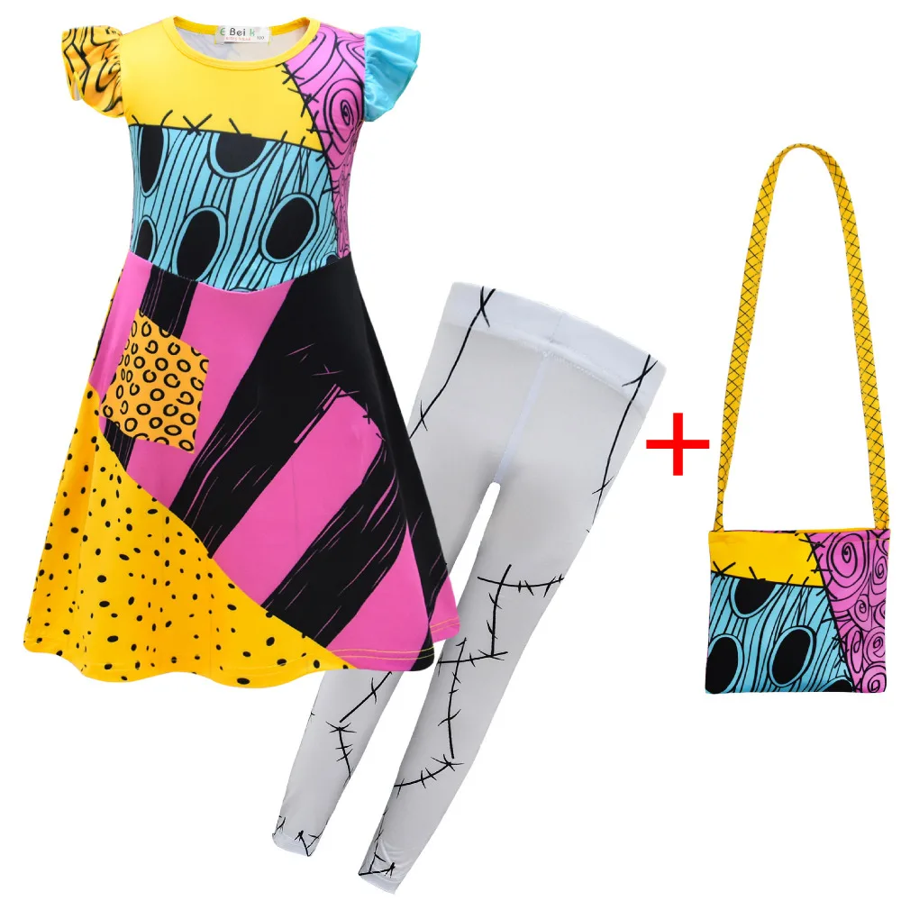Kids Nightmare Christmas Sally Cosplay Costume Girls Dress Pants Bag Set Completo Bambini Ruffle Dress Halloween Carnival Party