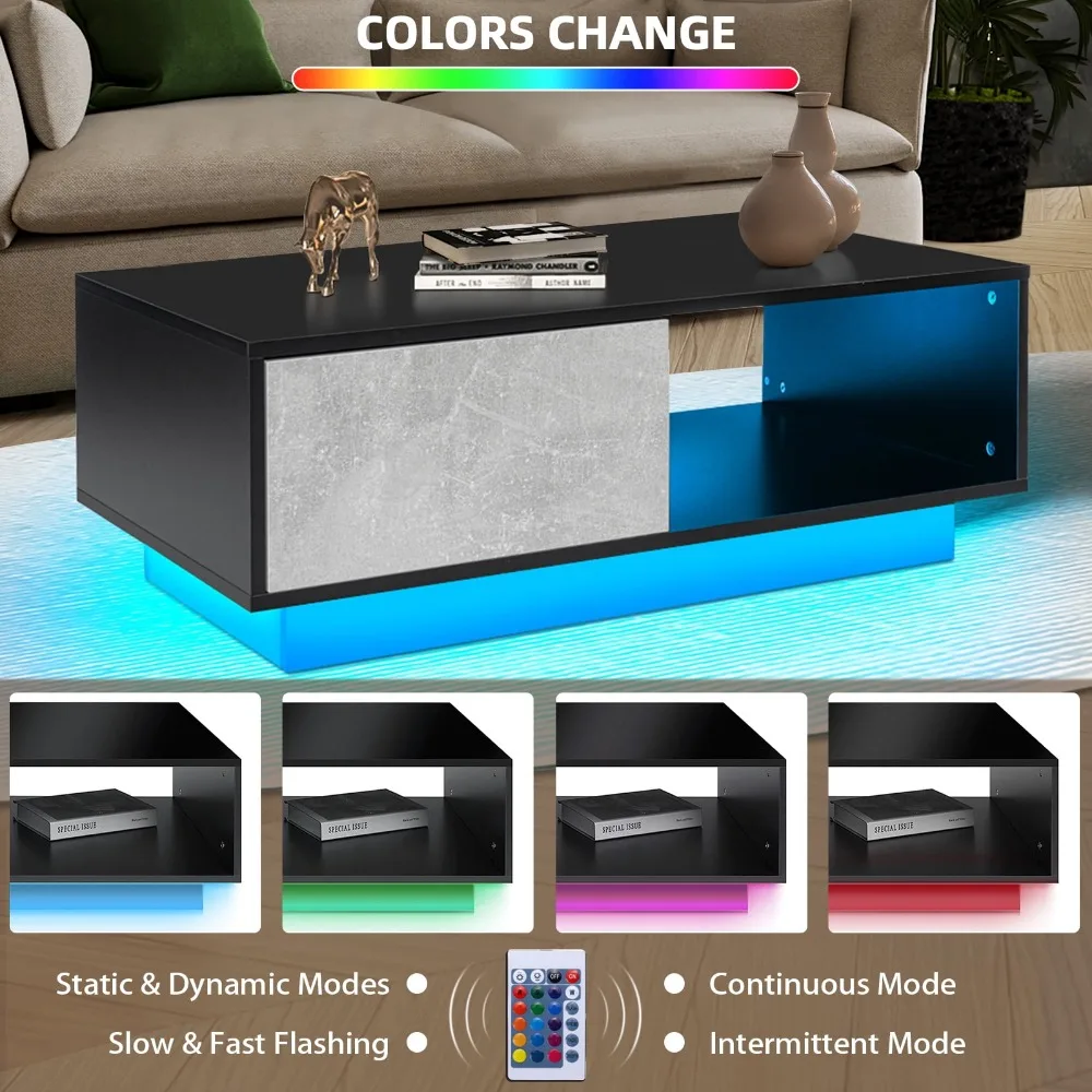 LED Coffee Table Modern Side Tables High Gloss Black Cocktail Table with 2 Drawers Open Shelf for Living Room 5