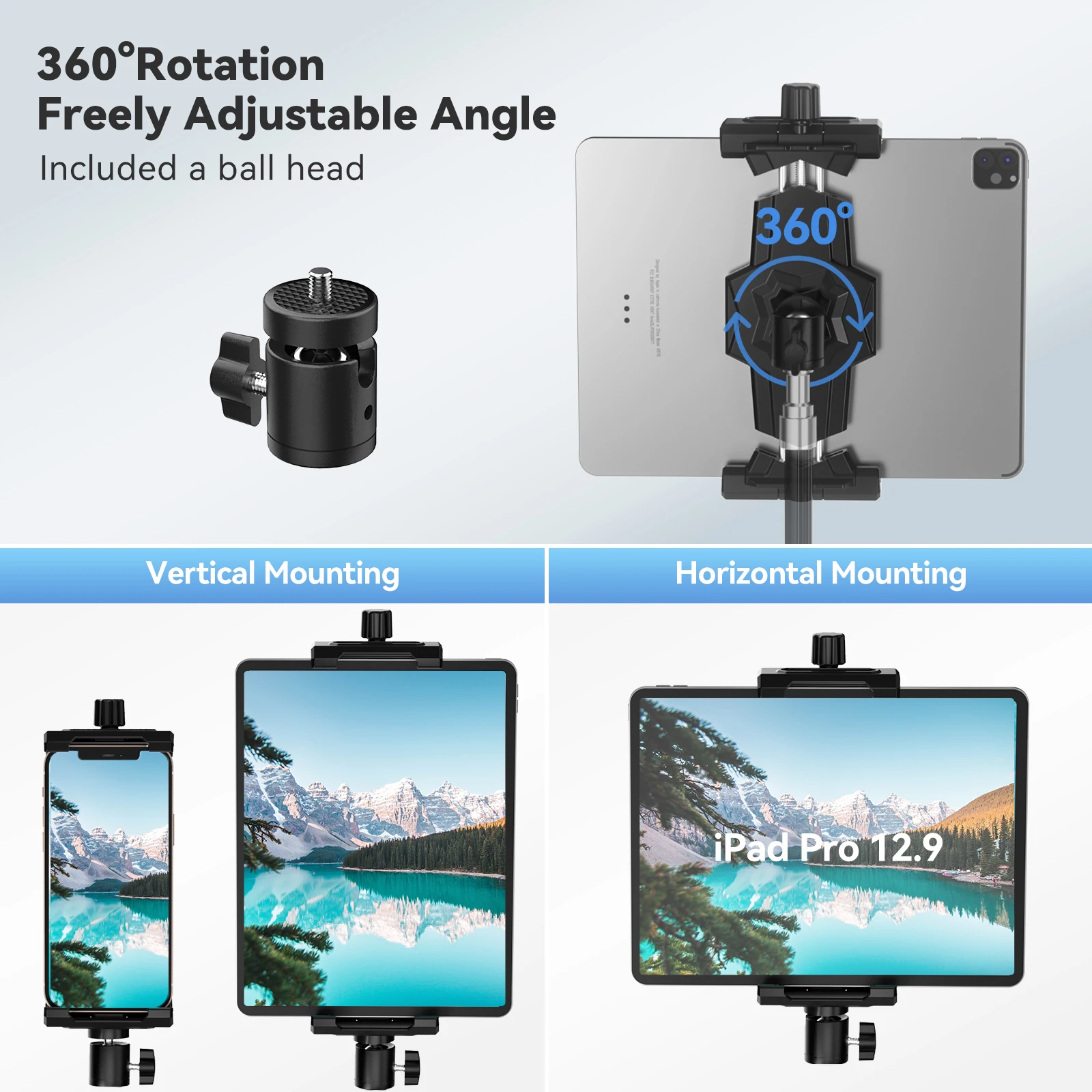 iPad and Phone Tripod Mount Adapter with Ball Head iPad Holder for