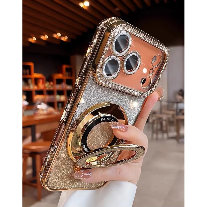 Luxury Diamond Gradient Glitter Ring Holder Phone Case with Plating Metal Bracket and Shockproof Cover