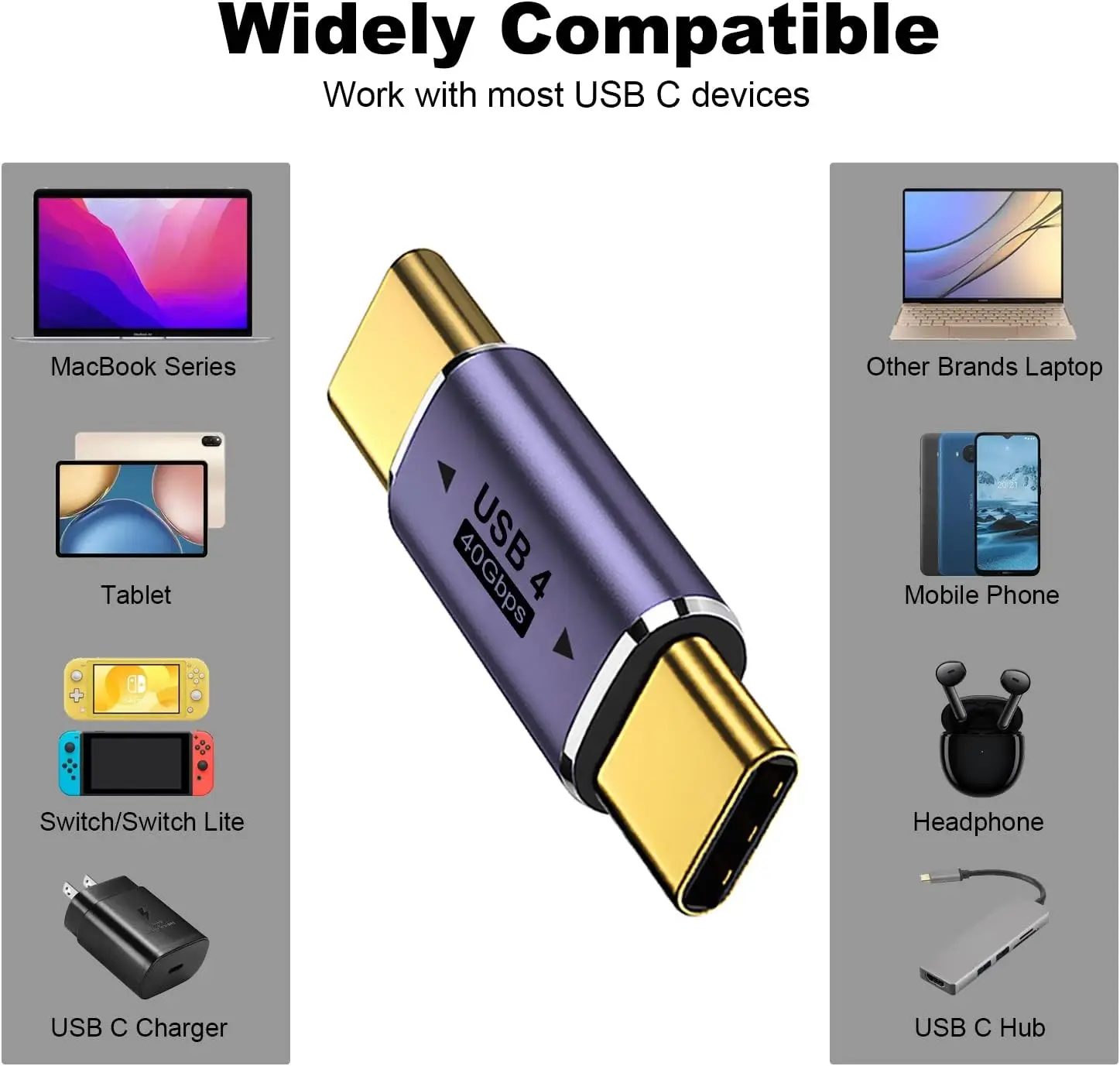 USB C타입 수-수 어댑터, USB C타입 커플러 익스텐더 지지대, 썬더볼트 4/3, 맥북 프로 에어, 노트북용, 40Gbps, 8K @ 60Hz