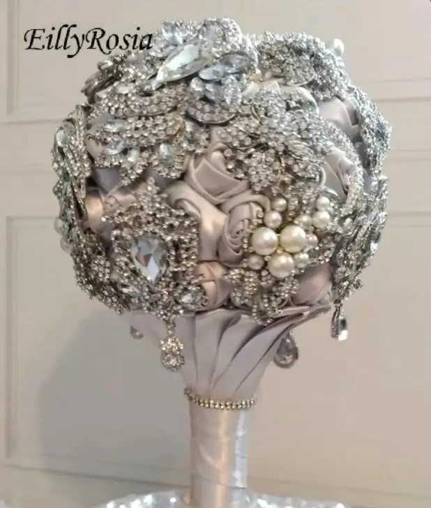 

EillyRosia Exclusive Silver Brooch Bouquet Jewelry Crystals Bling Bling Luxurious Wedding Bouquet Fleur Silk Artificial Flowers