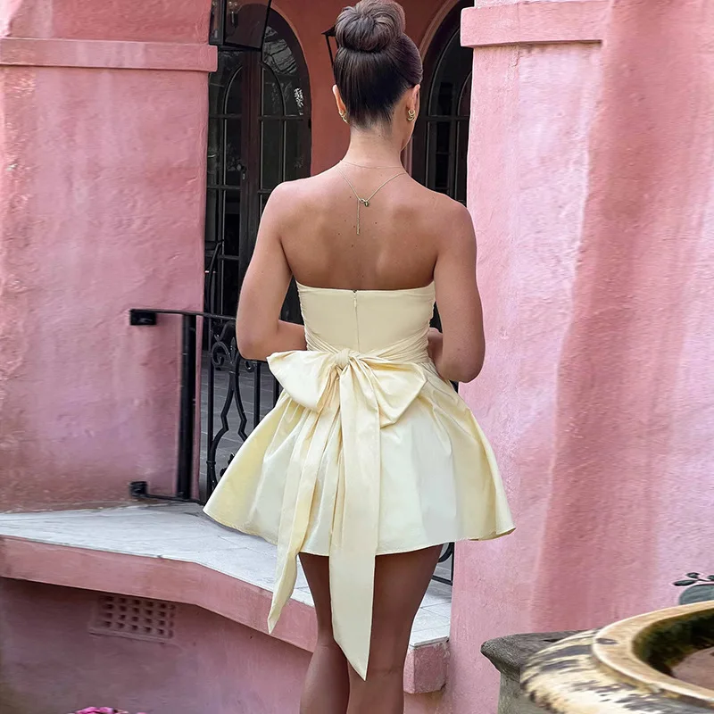 Tee Bow Bandeau Pleated Mini Dress For Women Fashion Sleeveless Patchwork Bandage Party Dress Female Lace-Up Y2k Dress New