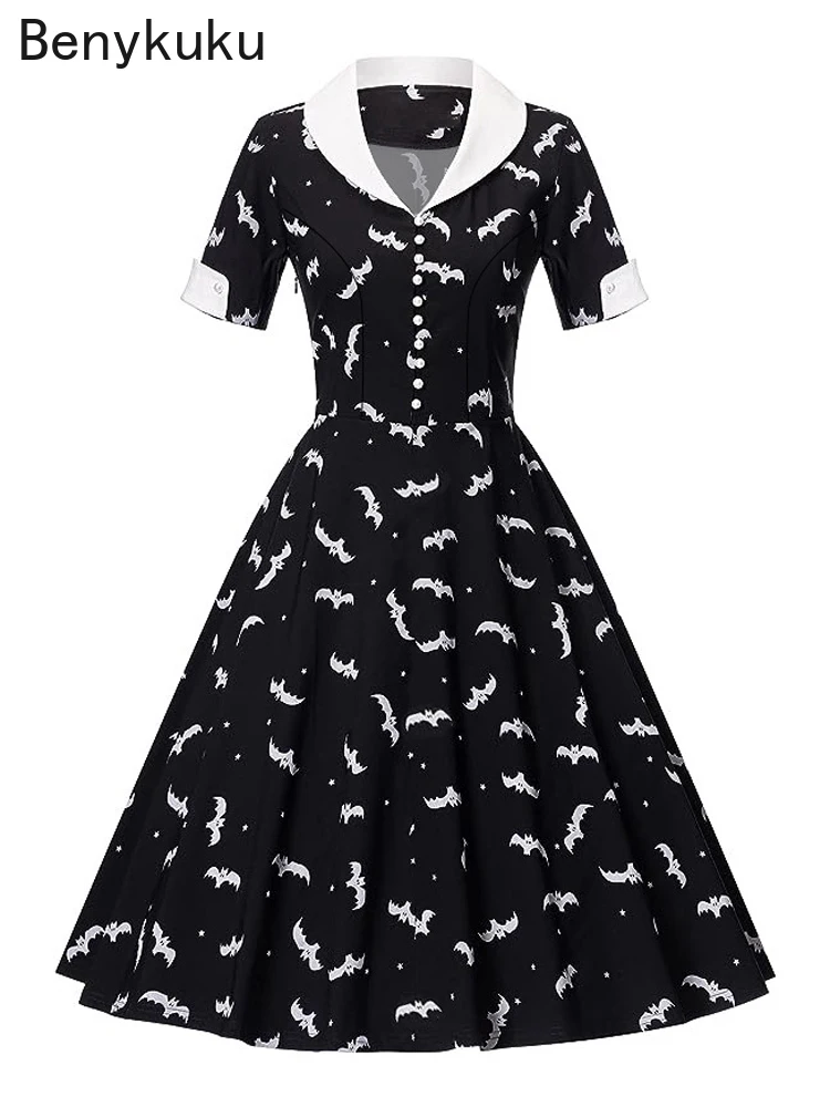 

Witch Bat Print 3XL 4XL Halloween Gothic Dress Women Button Up Short Sleeve Goth Clothes Vintage Black Retro Swing Midi Dresses