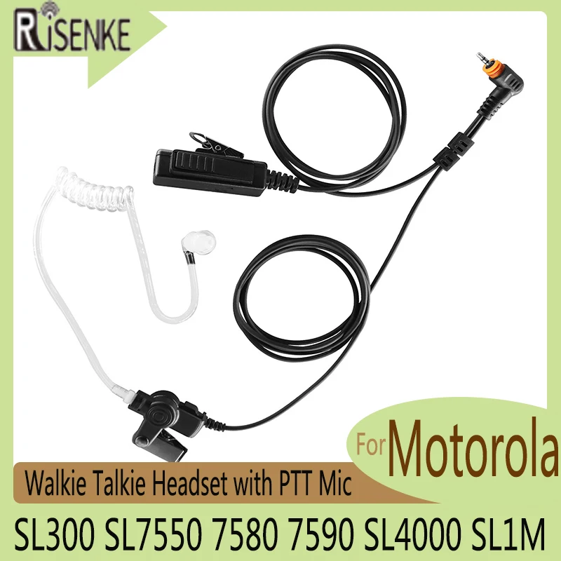 RISENKE-Walkie Talkie Earpiece for Motorola SL300 SL7550 7580 7590 SL4000 SL1M Radio Headset with PTT Mic Acoustic Air Tube lot 5pcs replacement fbi acoustic coil air tube for motorola baofeng kenwood radio walkie talkie ptt mic earpieces headset