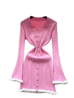 Knitted Dr Women's Autumn High Waist Midi Skirt Sle Wooden  Collar Slimming Beautiful Lady Long Sve Dr - Image 5