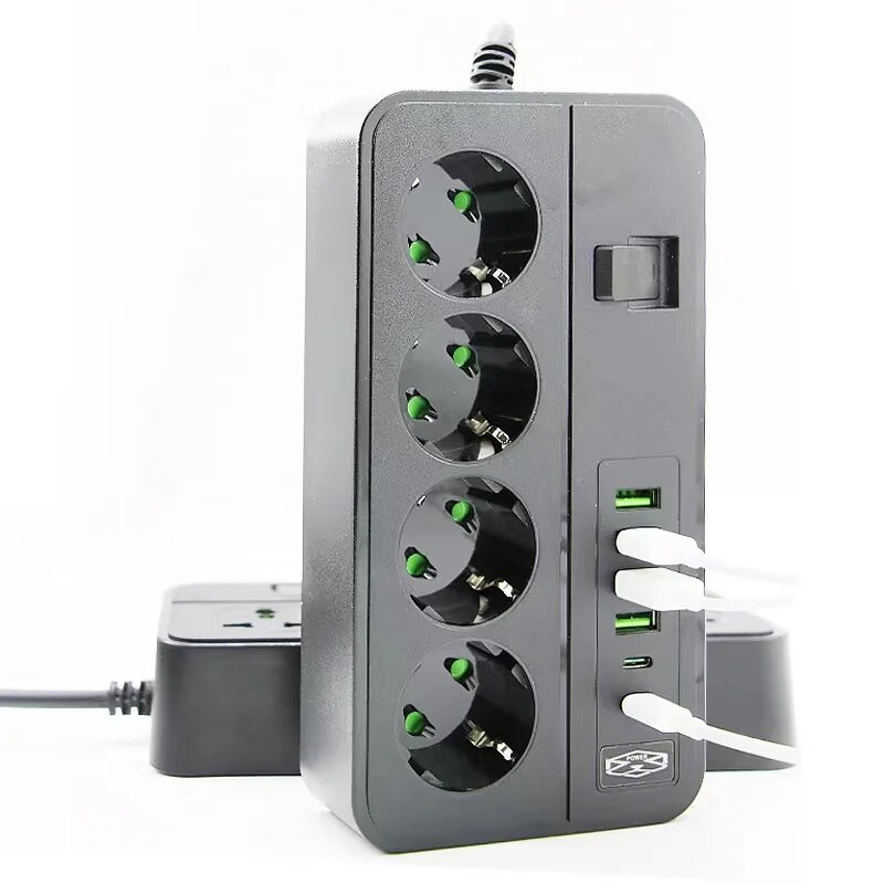  European Standard Power Strip with USB Ports, Multiple Outlets, Long Extension Cord, Overload Protection 