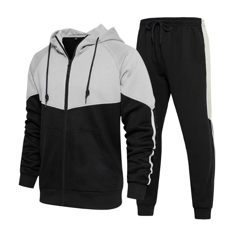 Spring and Autumn Sports Sets Men's Patchwork Zipper Hooded Jacket Casual Pants Two Piece Set
