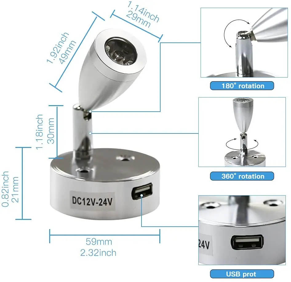 Foco de lectura LED para iluminación interior, lámpara de pared regulable con control táctil de aluminio ajustable para barco, caravana, remolque y hogar_voghion.com
