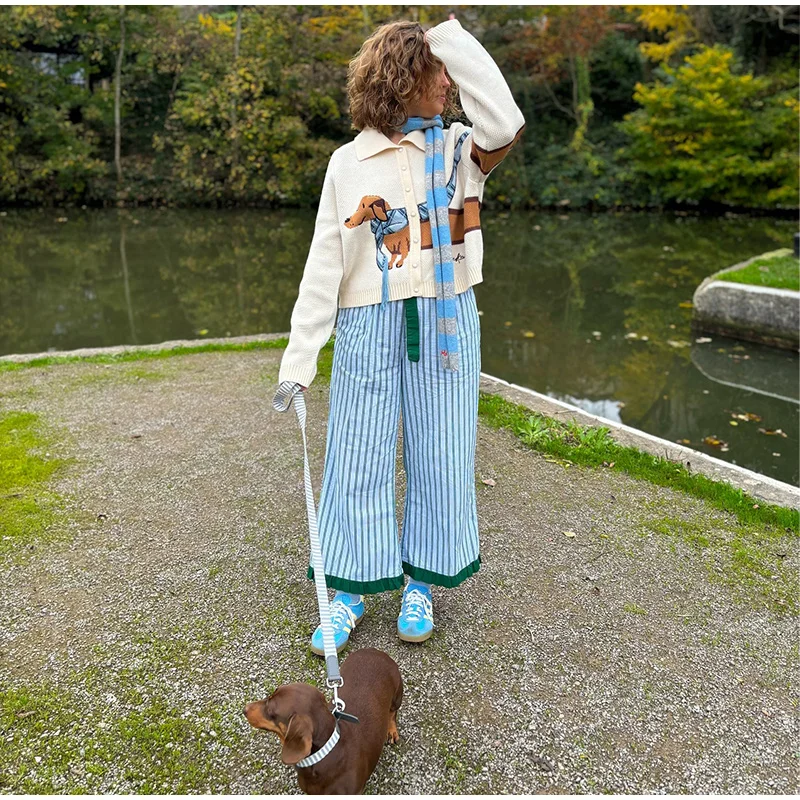 Casual Knitted Printed Dog Cardigan Women Vintage Cute Lapel Single Breasted Short Sweaters Female Autumn Chic Street Knitwear