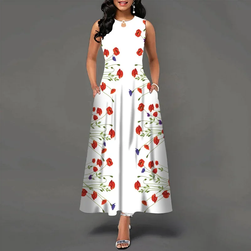thumbnail image 1 of Vestido largo informal sin mangas con estampado de flores para mujer, cuello en V, estilo bohemio retro, 1 of 5