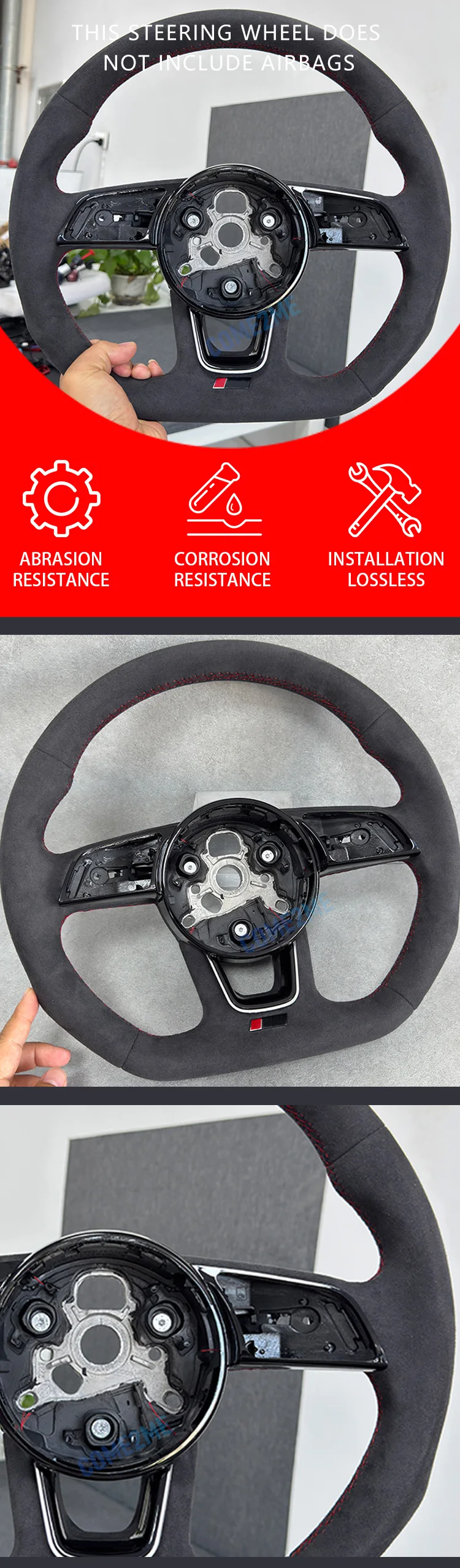 All black style red stitching Alcantara steering wheel for Audi A4 B9 A3 8Y RS3