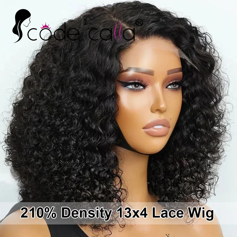 

210% Density Brazilian Deep Curly Bob Hair Wigs Natural Black Color Brazilian HD Lace Front Part 13x4 Transparent Lace Wig 300g