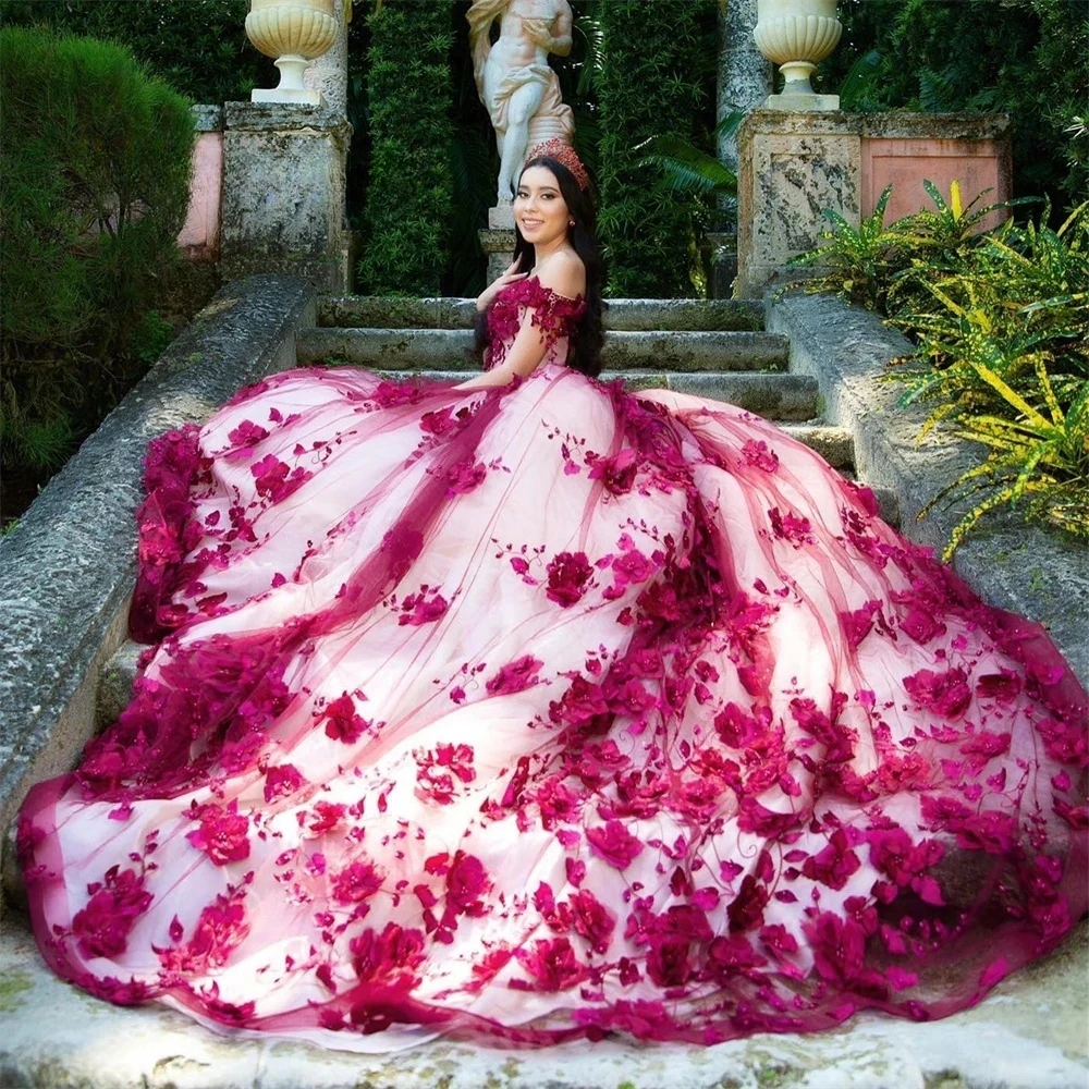 

Lorencia Mexican Pink Flowers Quinceanera Dress Ball Gown 3D Floral Appliques Beading Sweet 16 15 Dress Vestidos XV Años YQD465