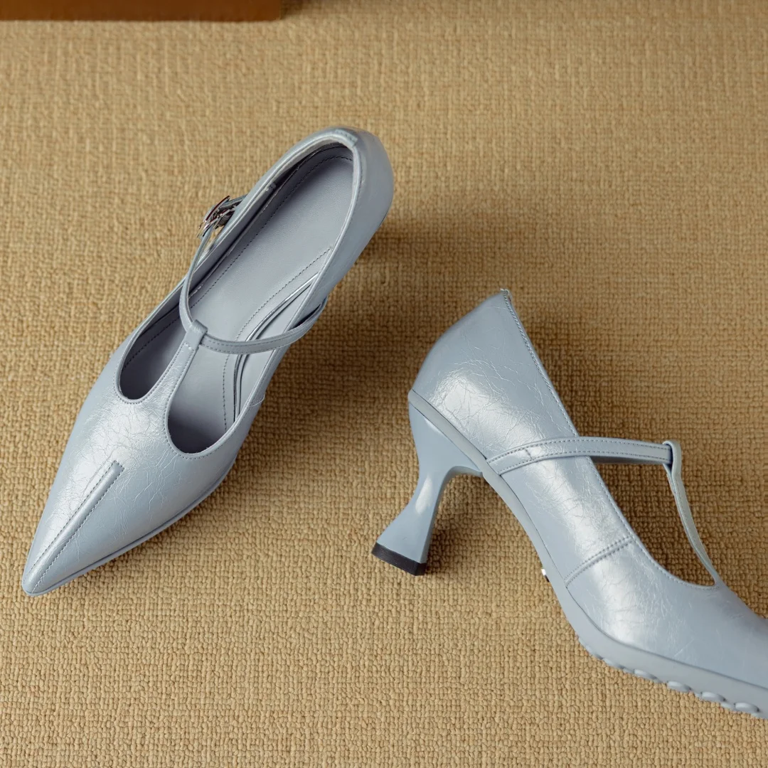 Women's genuine leather pointed toe metal buckle slip-on t-strap pumps elegant ladies 7.5cm thin high heeled daily dress shoes - view