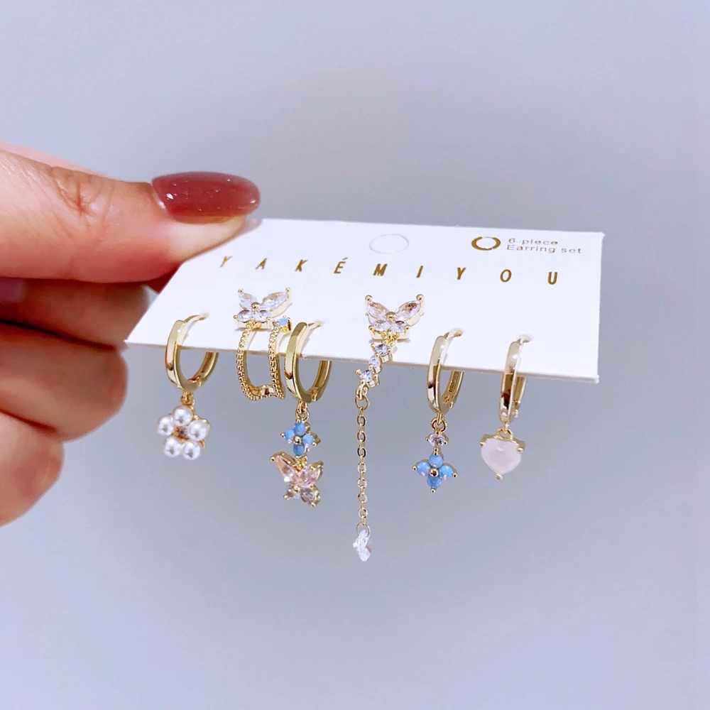 MIGGA 6pcs Pink Blue Cubic Zircon Butterfly Dangle Earrings Set for Women Luxury Mix and Match Party Jewelry 6