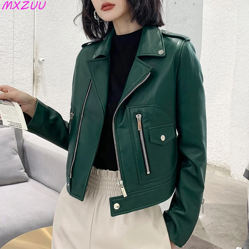 

White Sheepskin Coat Autumn Winter Women's Motorcycle Leather Jacket Streetwear Suit Lapel Zipper Cuffs Slim Short Manteau Femme