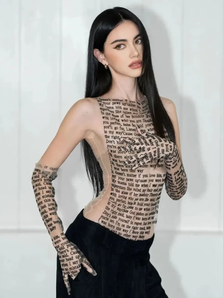 Mesh Letter Printted T-shirt Women O-Neck See Through Sexy Tank Tops With Golve High Street Basic Slim Y2K Top Tee Shirts