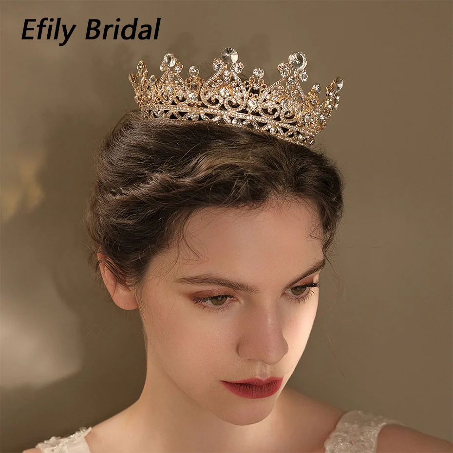

Efily Full Round Crystal Rhinestone Wedding Tiara Luxury Royal Queen King Crown Diadem Prom Party Bride Hair Jewelry Accessories