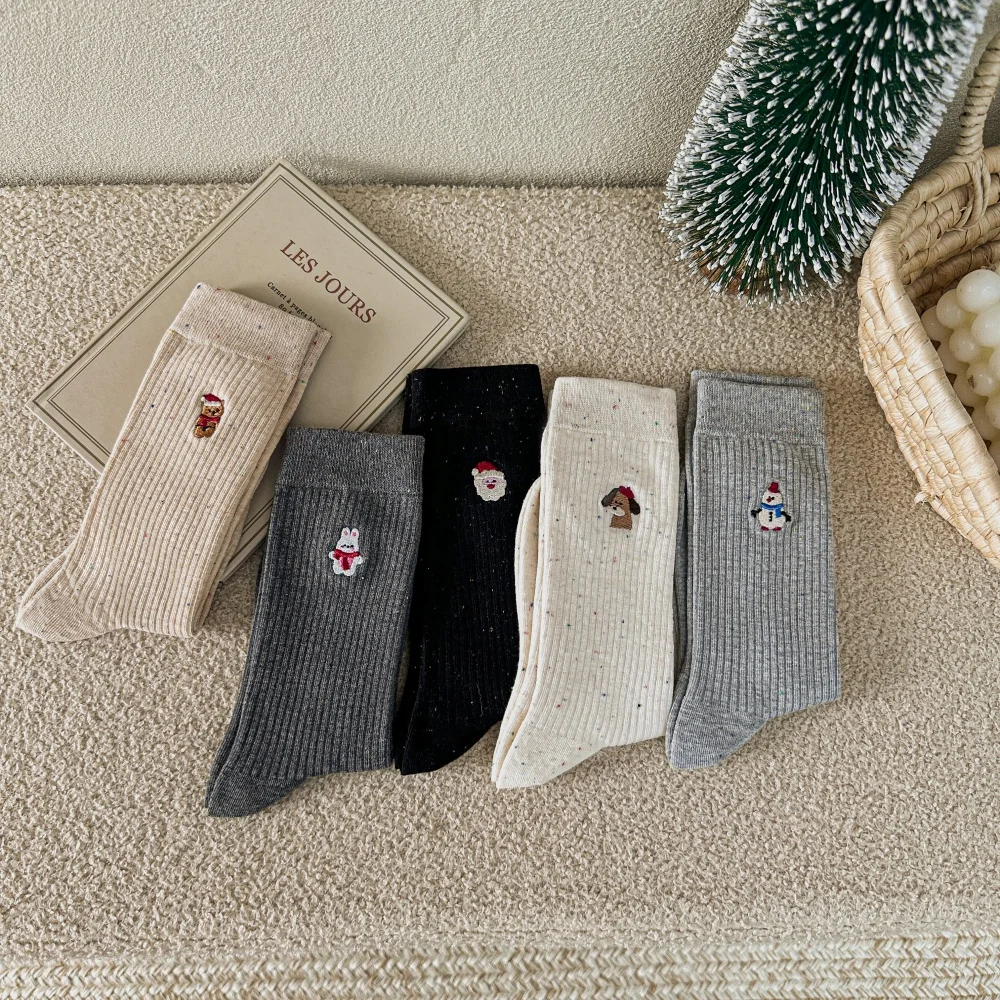 Niedliche Cartoon-Tier-Socken mit Polka Dots und Schneemann-Stickerei, Trendige Damen-Plüschsocken, Weihnachtsgeschenk – Detail 3