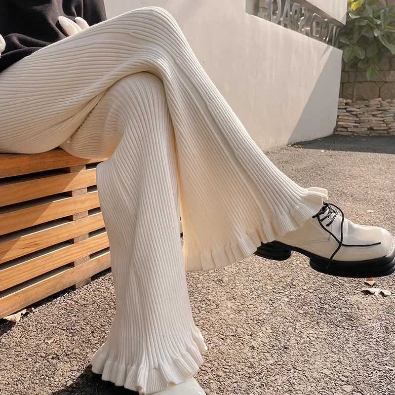 Autumn Winter Women's Wide Leg Pants Full-length High Waisted Knitted Straight Trousers Solid White Loose Pants for Women 2024