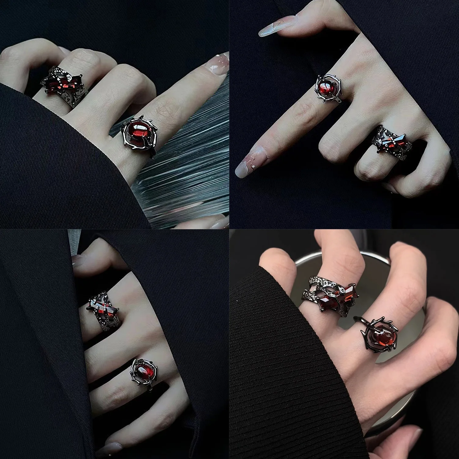 Bijoux vintage de style rétro punk rubis de style mode 2025, bague en cristal noir, pendentif géométrique, doigt ouvert, 1 pièce._voghion.com
