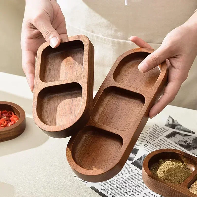 2025 Hot 2/3 Grid Divided Seasoning Dish, Household Solid Wood Snack Dish, Hot Pot Barbecue Three Grid Sauce Dish, Snack Dish