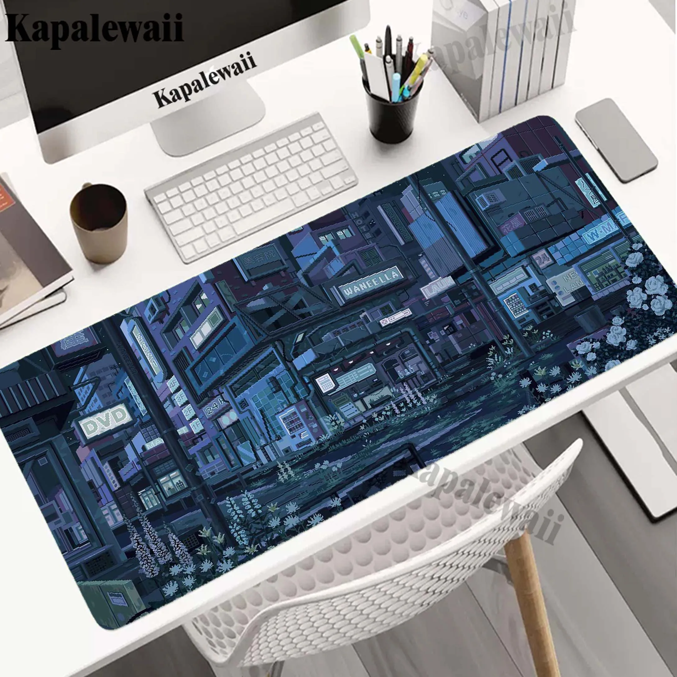 

Blue Pixel Art Gaming Mousepad Pc 90x40cm XXXL Mouse Pad Neon Scenery Mousemat Non-slip Rubber Pads Big Desk Mat Keyboard Pads