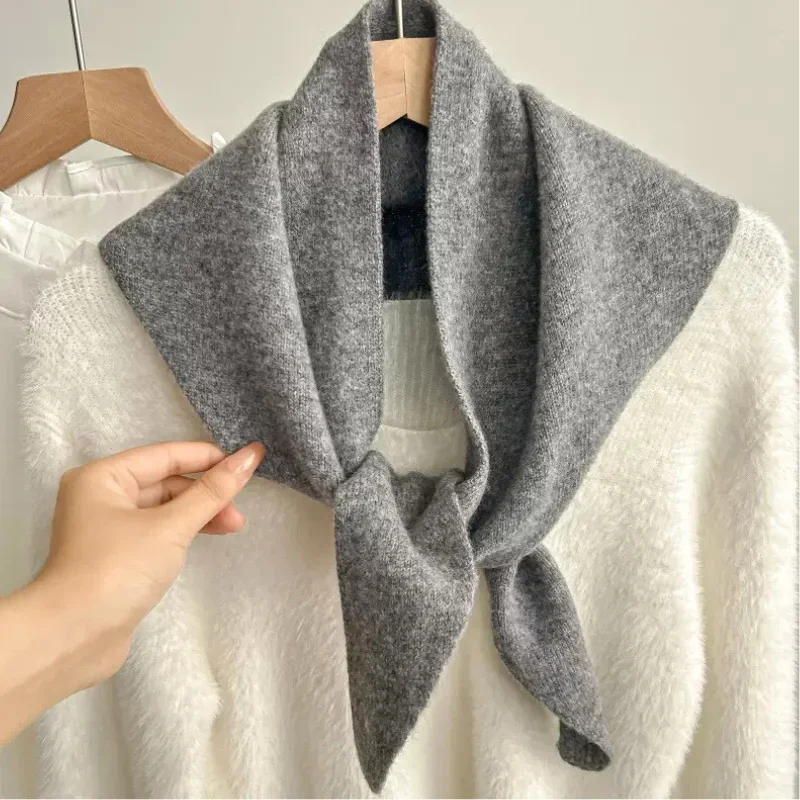 2025 Knitted Scarf Women 100% Pashmina Triangle Scarf Wool Winter Warm Bright Solid Color Thick Shawl Soft Triangle Pashmina