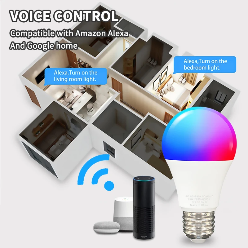 15W WiFi 스마트 전구 E27 LED RGB 램프 Alexa, Google 홈 100-240V RGB + 화이트 디밍 가능 타이머 기능, 색상 전구