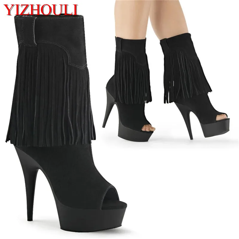 

New 15cm heels, low-heeled dinner boots, 6in high-heeled suede tassels, nightclub pole dancing sexy ankle dance shoes