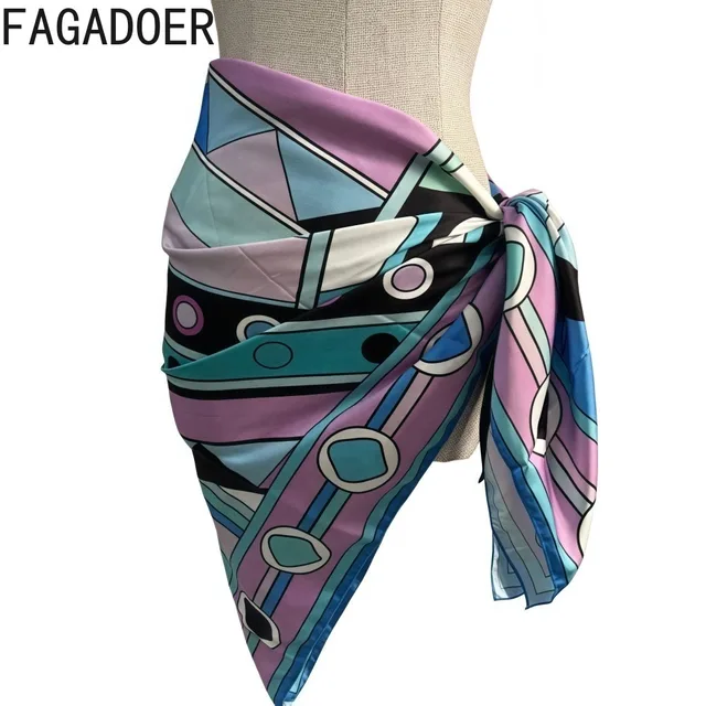FAGADOER Sexy Bikinis Set 3 Piece Swimwear Woman 2025 Geometry Pattern Halter Backless Patchwork Tops +Underpants+ Lace Up Skirt 6
