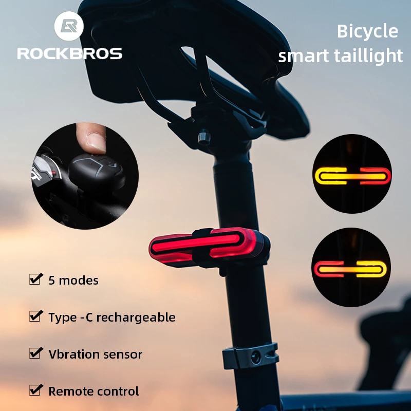 

ROCKBROS Bike Smart Light Rear Bicycle Lamp Brake Sensor Type-C Rechargeable Taillight Turn Signals IPX6 Bicycle Accessories