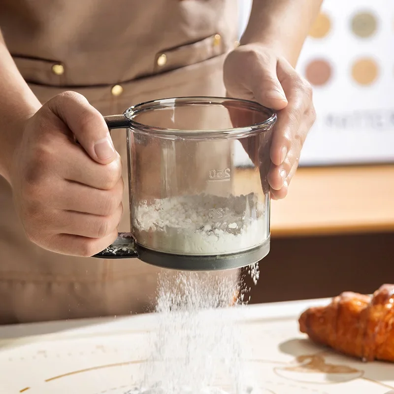 Semi-automatic Mesh Handhold Flour Sifter Measuring Scale Flour Icing Sugar Filter Sieve Cup Pastry Making Baking Tools flour sifter,baking tools,powder sieve