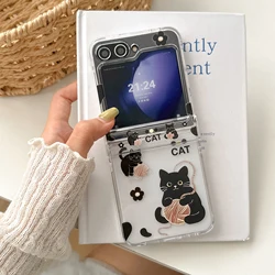 Charming Black Cat Pattern Clear Hinge Case with Chain - 3 - Piece Set - Galaxy Z Flip5 (Case)