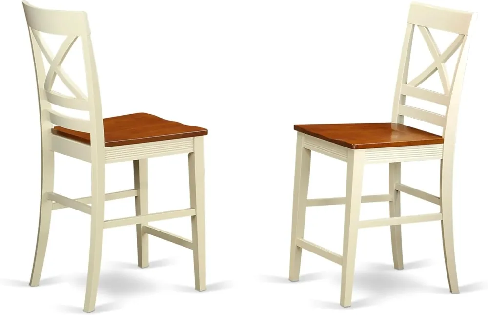 Modern Counter Height Bar Stools Set of 2, Buttermilk & Cherry Wood Pub Dining Chairs with X-Back Design