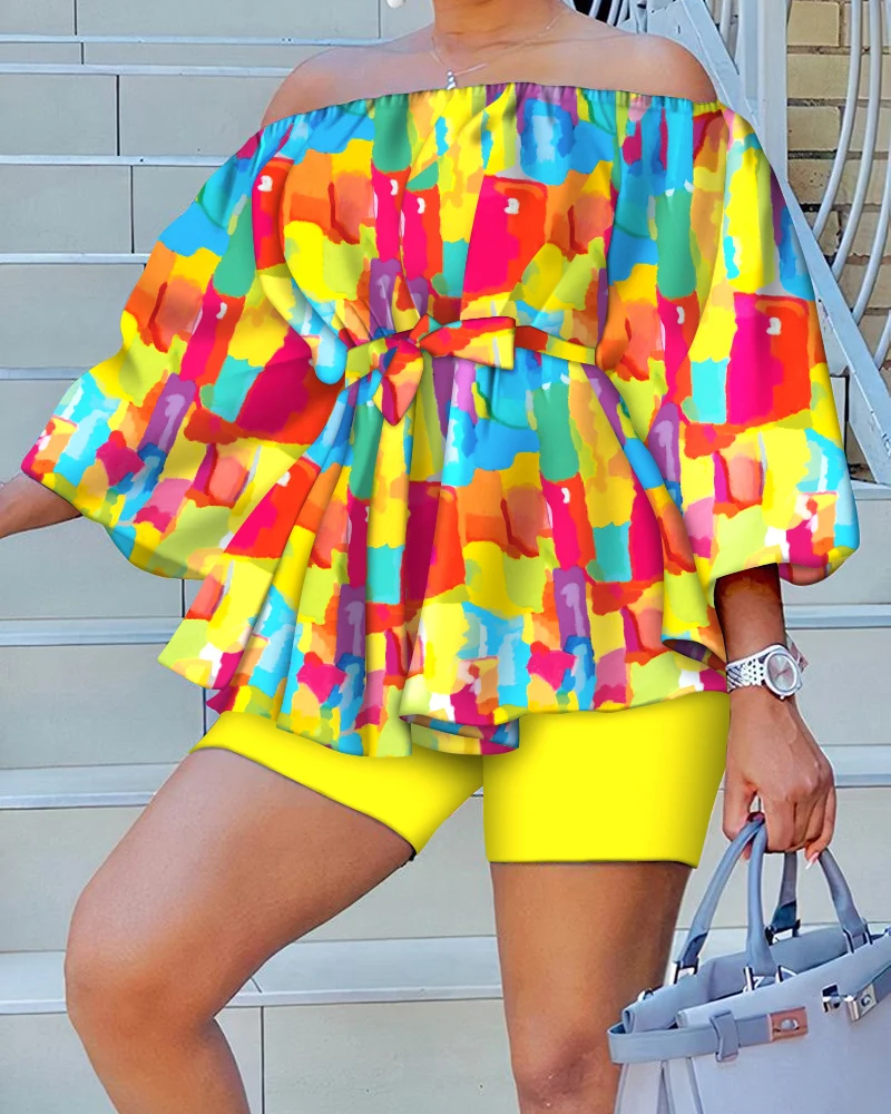 

Ninimour Summer Tie Dye Print Off Shoulder Belted Top & Shorts Set 2023 Women Long Sleeve Pullover T-Shirts Female Clothes New