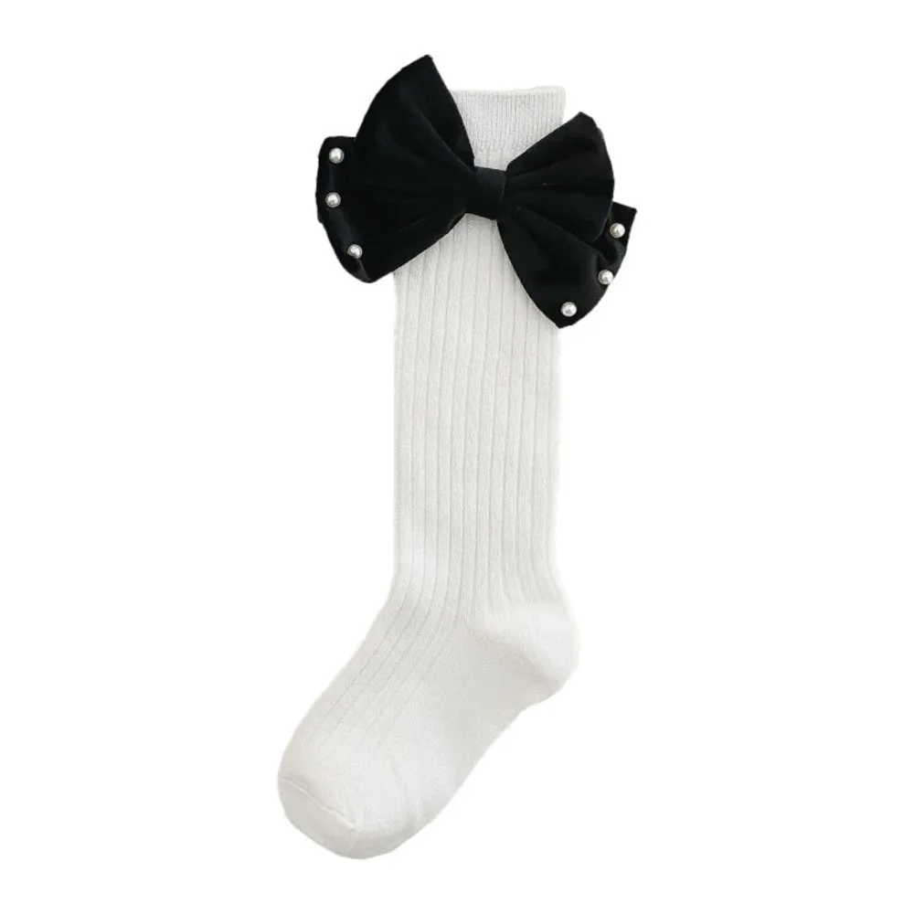 Girls socks pearl big bowknot sweet princess calf sock kids baby knee high stocking combed cotton sokken toddler infant cotton socks,children socks,cotton knee socks