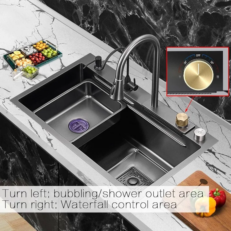 Waterfall Kitchen Sink Black Single Bowl Stainless Steel Bar Sink Undermount of Countertop Installation with Accessories Black 3
