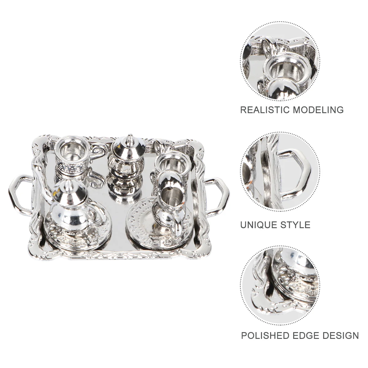 

1 Set Alloy Mini Scene Model Miniature Teaware Kit Desktop Ornament House Accessory (Silver)