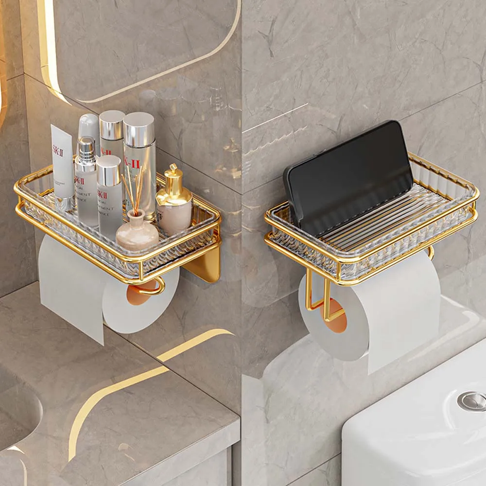 Toilet Gold Tissue Box Wall Mounted Non Perforated Toilet Paper Storage Rack For Mobile Phone Storage Tray