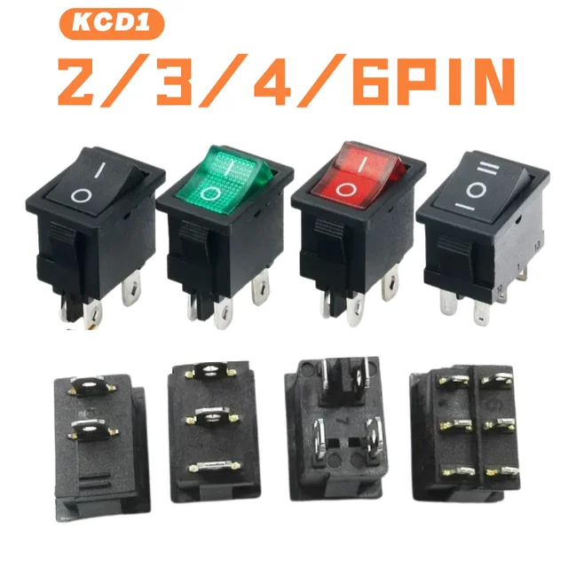 10/500/10000pcs KCD1 Boat Car Rocker Switch 6A/250V 10A/125V AC With Red Green Light Switch 2/3/4Pin 21*15mm on off on