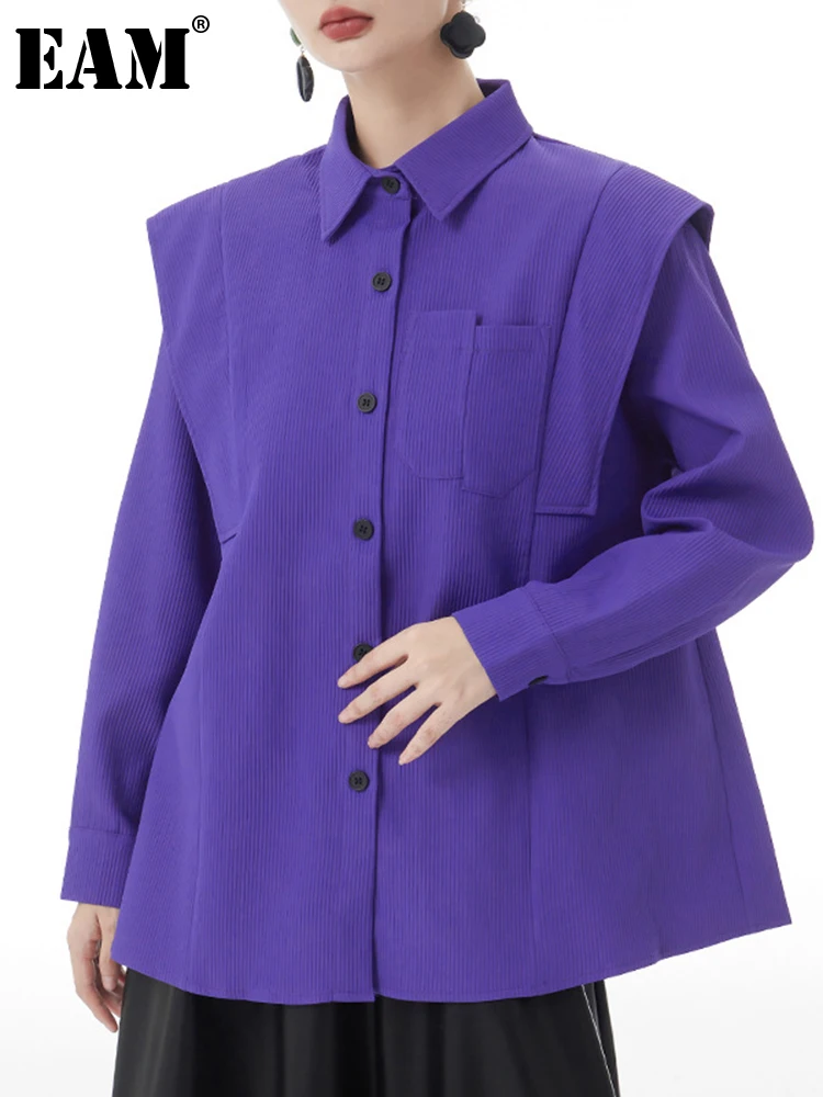 

[EAM] женская фиолетовая Вельветовая элегантная блуза большого размера, новая рубашка с длинными рукавами и отворотом, модная весенне-осенняя 2024 1DH4096