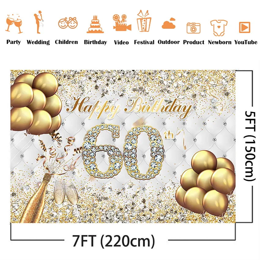 Gold Glitter Birthday Backdrop Diamonds Golden Ballons Champagne 60th Birthday Party Decoration Adult Theme Backdrop photo backdrop party decoration covers