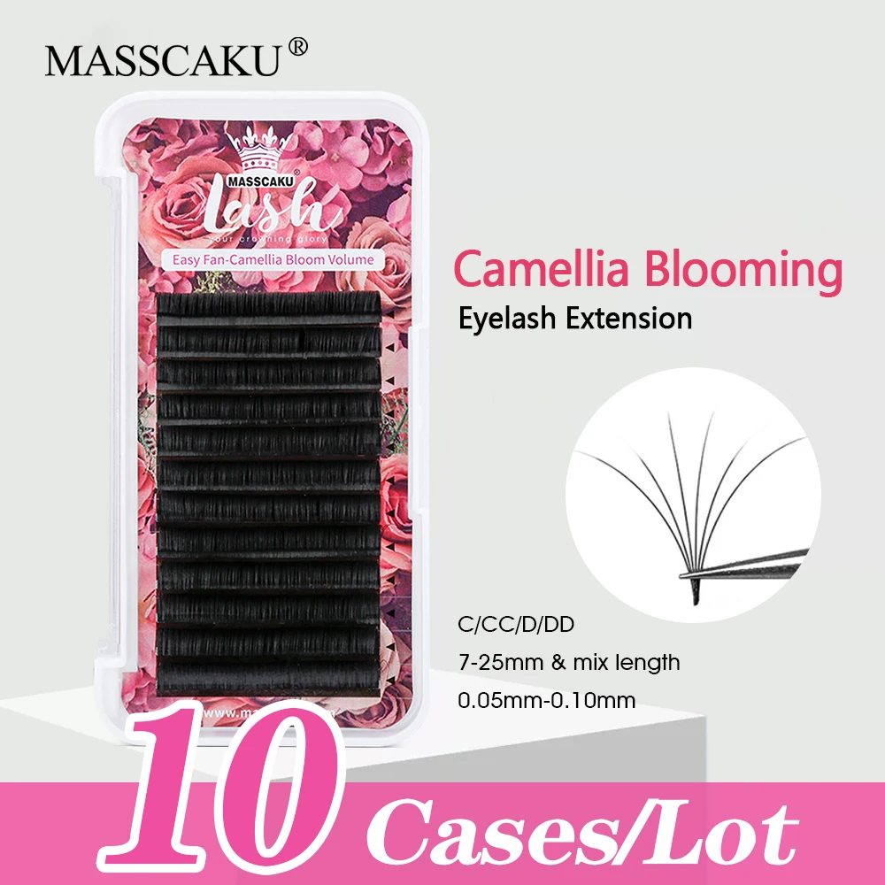 

MASSCAKU 10 pcs/lot Eyelash Extensions Easy Fan 0.07 CC Curl 8-20mm Mix Length Auto Blooming Lash Lasting Self Fanning Lashes