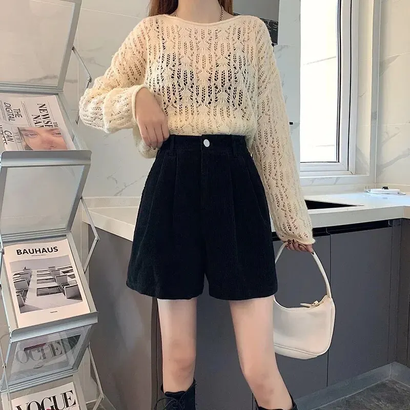 여성 코듀로이 A라인 반바지, 슬림해 보이는 루즈핏 벨 하의, 캐주얼 아우터 부츠, 가을 겨울