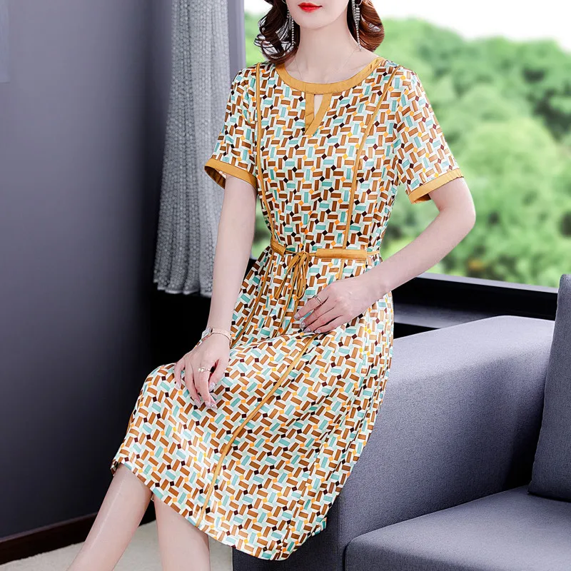 

Summer Fashion Silk Printed Round Neck Dress For Women 2023 New Elegant Short Sleeve Loose Fit Casual Holiday Dress Vestidos