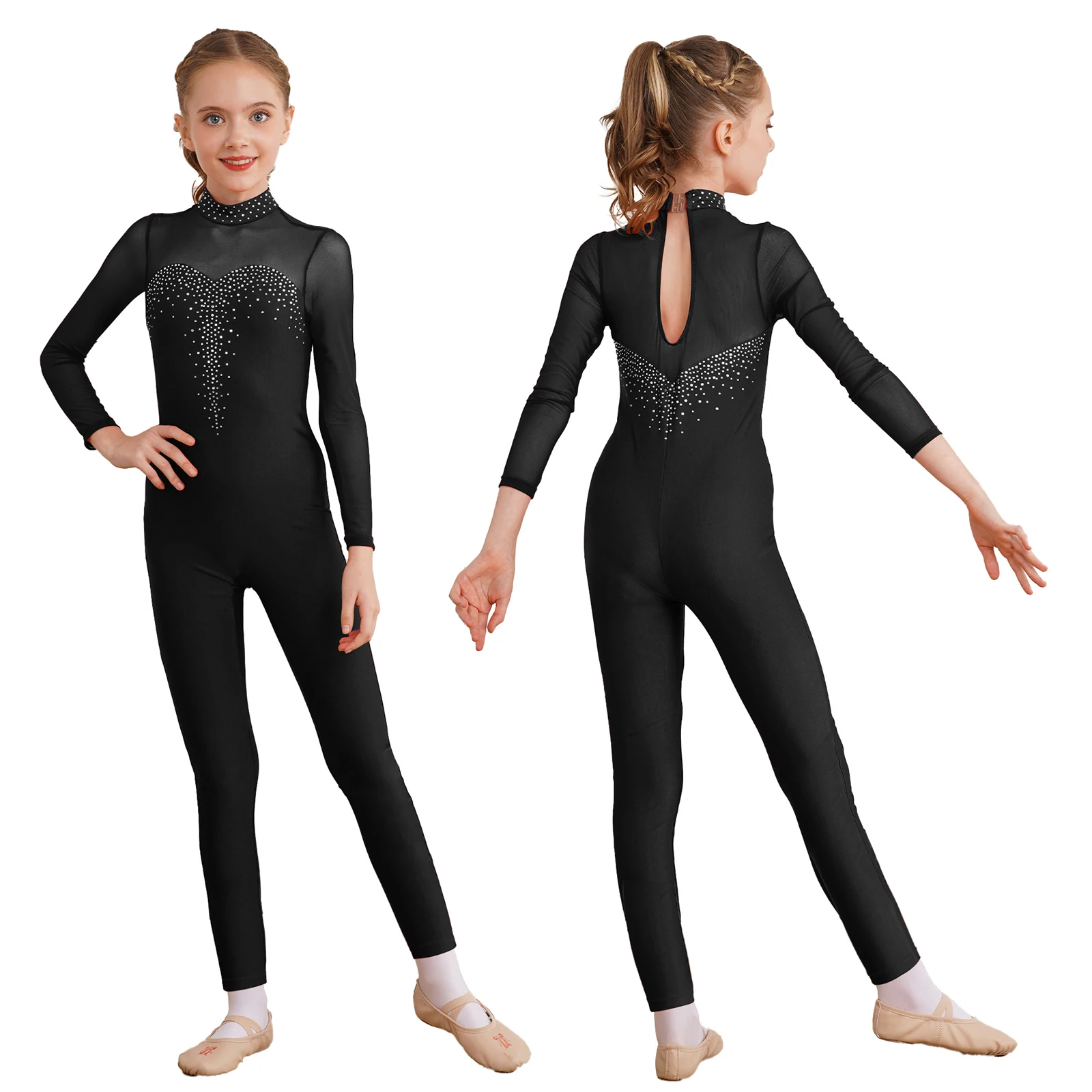 

Kids Girls Figure Skating Jumpsuit Ballet Dance Gymnastics Acrobatics Leotard Unitard Long Sleeve Shiny Rhinestone Bodysuit